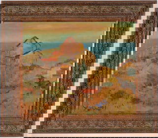 Yasharel Manzy, Georgia / Iran. Seaside landscape with houses. Oil on canvas. Signed lower left.