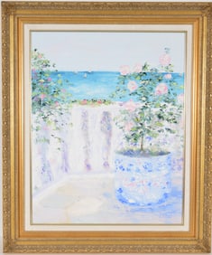 William Cabot. "Summer Sailors". Bright impressionist beachside landscape with flowers. Oil on