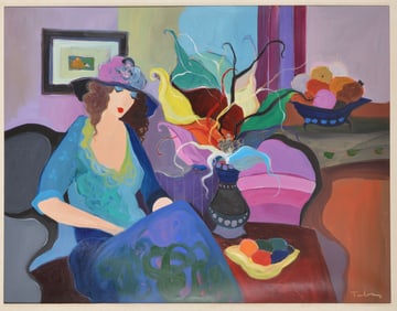 Itzchak Isaac Tarkay. Serbia, Israel. Woman seated with flowers and fruit. Acrylic on canvas. Signed