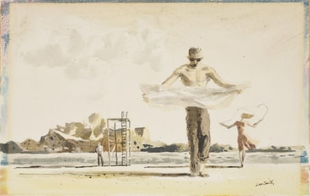 Hughie Lee Smith. African American. 1950s beach scene watercolor painting with figures and life