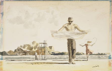 Hughie Lee Smith. African American. 1950s beach scene watercolor painting with figures and life (1 of 8)