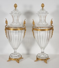 Pair of monumental classical style covered pressed glass urns with ormolu mounts in the Baccarat