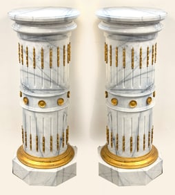 Pair of classical style marble and ormolu mounted pedestals. Stop fluted with applied rosettes. 40in