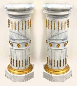 Pair of classical style marble and ormolu mounted pedestals. Stop fluted with applied rosettes. 40in (1 of 3)