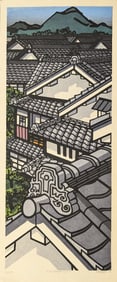 Clifton Karhu. "Nijojinya - Kyoto". Color woodblock print of a vertical city rooftop landscape.