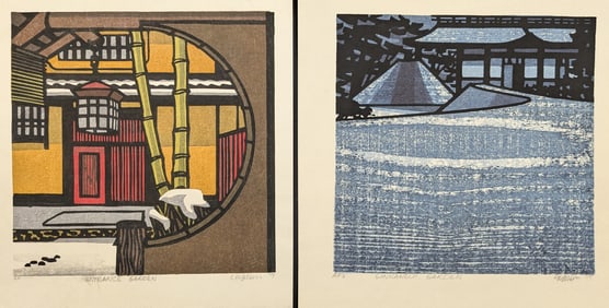 Clifton Karhu. 2 color woodblock prints. 1) "Ginkakuji Garden". 1979. 2) "Entrance Garden". 1979.