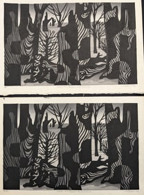 Clifton Karhu. "Near Mittagong - Australia". 2 color woodblock prints of forest landscapes.