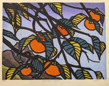 Clifton Karhu. "Joruriji - Kyoto". Color woodblock print of persimmon fruit on the branch. Signed,