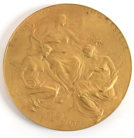 Liege 1905 Exposition Universelle gilt bronze art nouveau medal. 2.75in diameter.