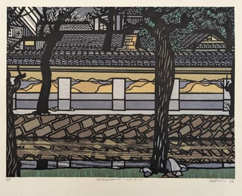 Clifton Karhu. "Shirakawa - Chioin". Color woodblock print of the Shirakawa river in late autumn.