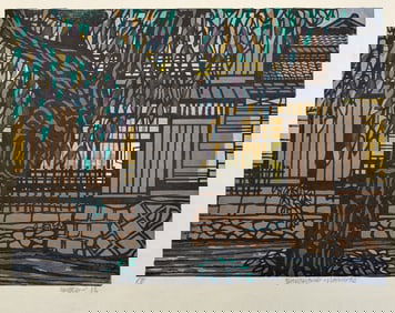 Clifton Karhu. "Shirakawa - Nawate". Color woodblock print of the Shirakawa river in spring/summer.