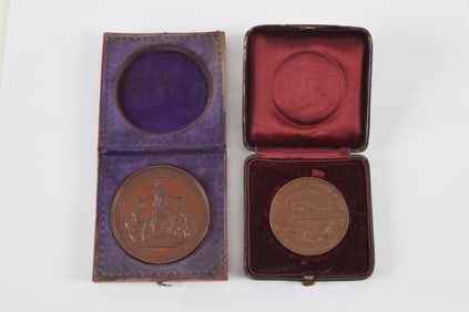 Lot of 2 bronze medallions. 1) 1883 International Fisheries Exhibition with a relief portrait of