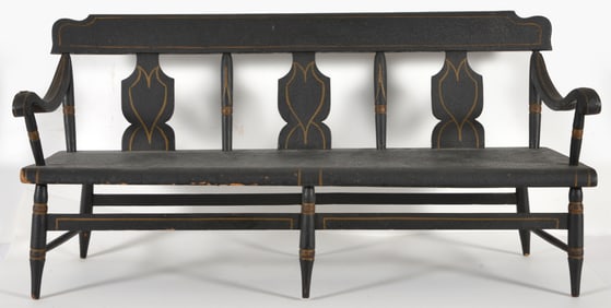 Original Folk painted splat back three seat child's bench, New England, circa 1830. Black paint with
