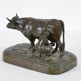 Henri Bouchard. French, 1875-1960. Milkmaid, circa 1910. Patinated bronze figural group of a