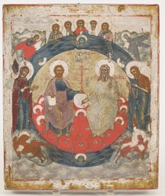 Russian Icon of the Holy trinity surrounded by figures of theologians and holy family. 19th Century.