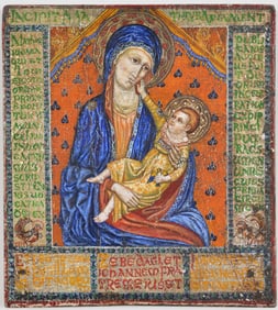 Gothic Icon of Madonna and child, likely western Europe. Christ reaching for Mary's face and holding