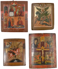 4 Russian Orthodox icons, 2 of Archangel Michael and 2 with four panel decorations. Largest 15.5 x