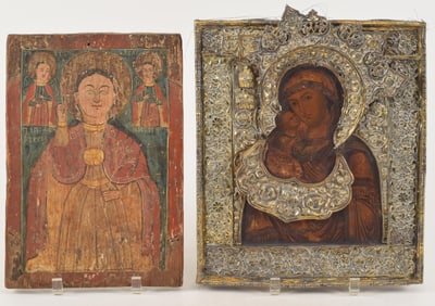 2 icons. 1) Russian icon with repousse silver plated brass adornments. Unmarked. 12.75 x 11in. 2)