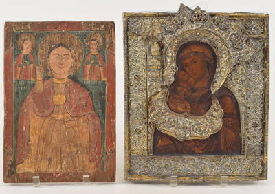 2 icons. 1) Russian icon with repousse silver plated brass adornments. Unmarked. 12.75 x 11in. 2) (1 of 8)