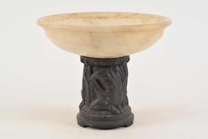 Antique bronze and alabaster pedestal dish. Bronze pedestal with depictions of Atlas supporting a