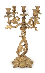 19th/20th century French gilt bronze 5-light candelabra with leaf design decoration. Missing prisms.