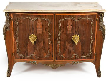 French bombe shaped rosewood cabinet with fine ormolu mounts and a marble top, 20th Century.