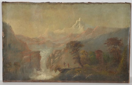 Thomas Hill. Early 19th century mountainous western American landscape with Indians standing on a