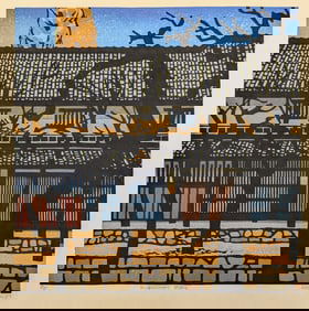 Clifton Karhu. "Kurashiki Fall". Color woodblock print of a building in trees in autumn. Signed,