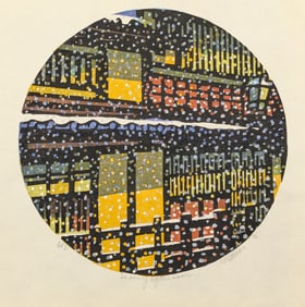 Clifton Karhu. "Snowy Afternoon". Color woodblock print of Japanese buildings in the snow. Signed,