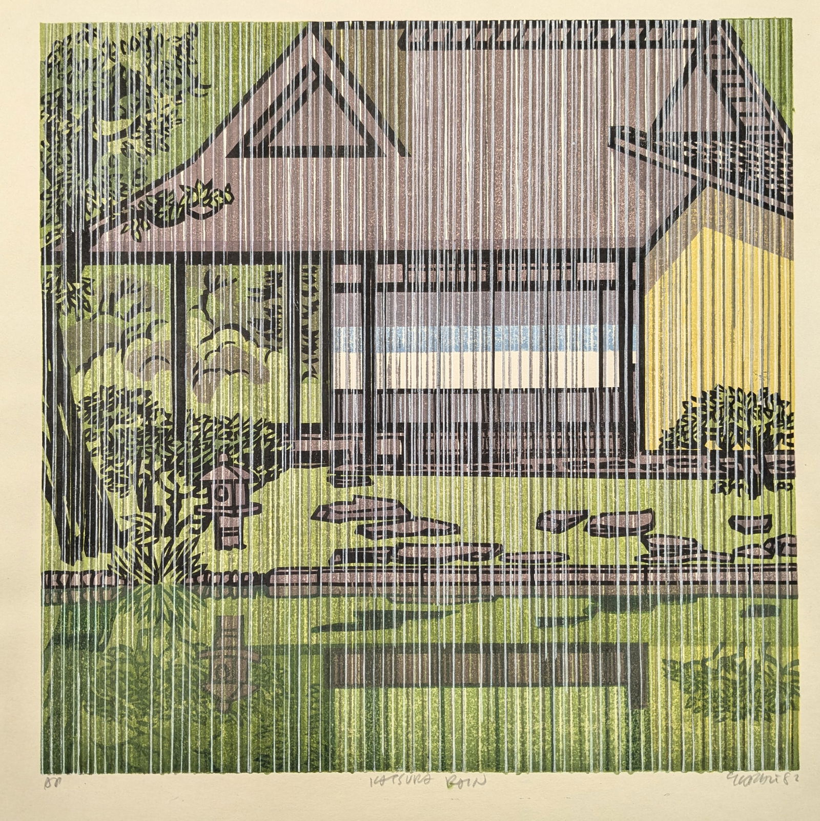 Clifton Karhu. "Katsura Rain". Color woodblock print of a rainy garden scene. Signed, titled, dated (1 of 4)