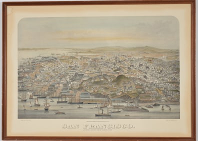 After Grafton Tyler Brown, San Francisco bird's eye color lithograph. Likely a vintage/antique