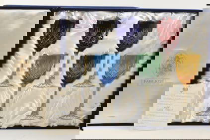 12 Faberge "Odessa" cut crystal goblets. 2 boxed sets of 6 glasses in various colors. Glasses 9in