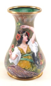 French Limoges enamel on copper portrait vase, signed M. Vernot. Height 5 3/8 in
