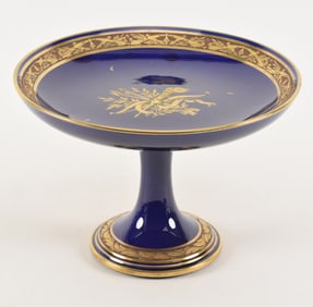 French cobalt compote with classical gilt decorations. Stamped gilt hallmarks. Height 8 in