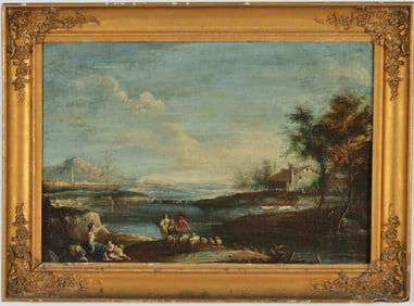 18th century Italian school old master landscape with figures and sheep by a river with mountains in