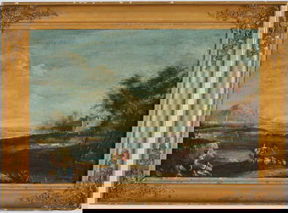 18th century Italian school old master landscape with figures and sheep by a river with mountains in: 18th century Italian school old master landscape with figures and sheep by a river with mountains in the distance. Oil on canvas. Framed. Old reline. Overall: 23 x 31in.