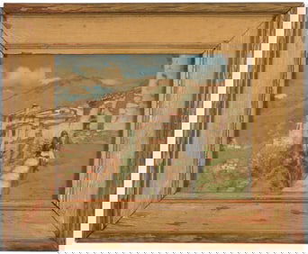 Sidney R Burleigh. Southern Europe hillside village with figure on a wall, France. Signed with