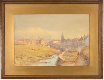 Robert Weir Allen, British-American. European village with river. Watercolor on paper. Labels on