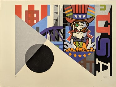 Clifton Karhu. Patriotic color woodblock print of Uncle Sam with city skyline in background. Signed,