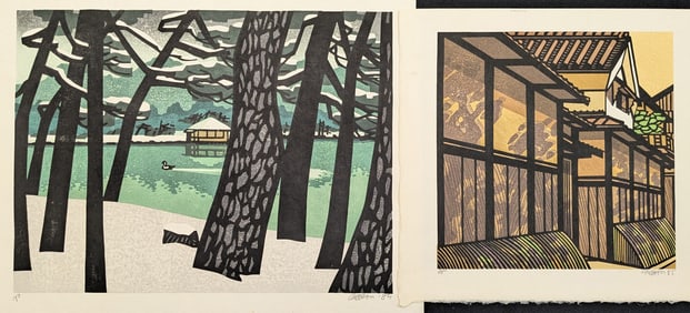 Clifton Karhu. 2 color woodblock prints. 1) Building facade at golden hour. Signed, dated 1985, and