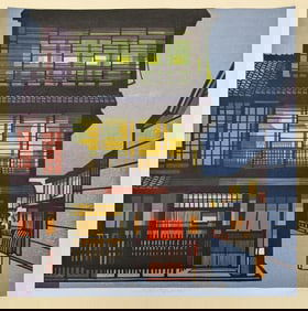 Clifton Karhu. "Kiridoshi Evening". Color woodblock print of an illuminated building facade at