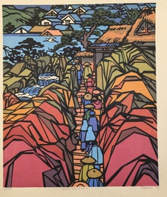 Clifton Karhu. "Edo Sojourn". Color woodblock print of pilgrims walking along a seaside path.