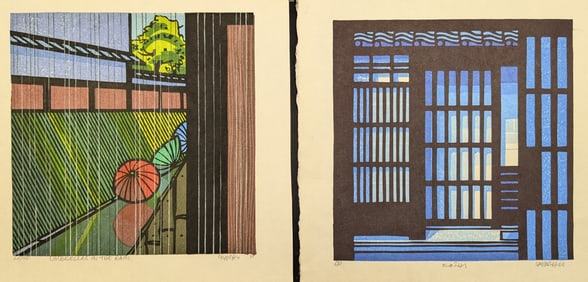 Clifton Karhu. 2 color woodblock prints. 1) "Umbrellas in the Rain". 1981. 20/100. 2) "Koshi".
