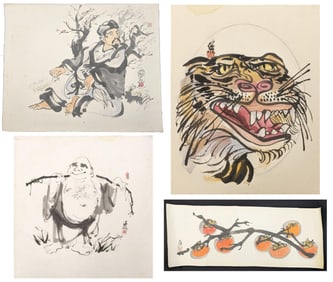 Clifton Karhu. Ink and watercolor paintings. Artist's seals. Tiger, Frisherman, Seated figure and
