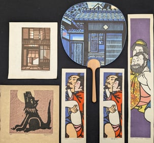 Clifton Karhu. Lot of assorted woodblock prints. To include: 1) Hand fan with applied woodblock