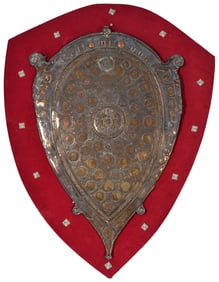 German plated silver and coin inlaid decorative shield, late 19th Century. Coins of various states,