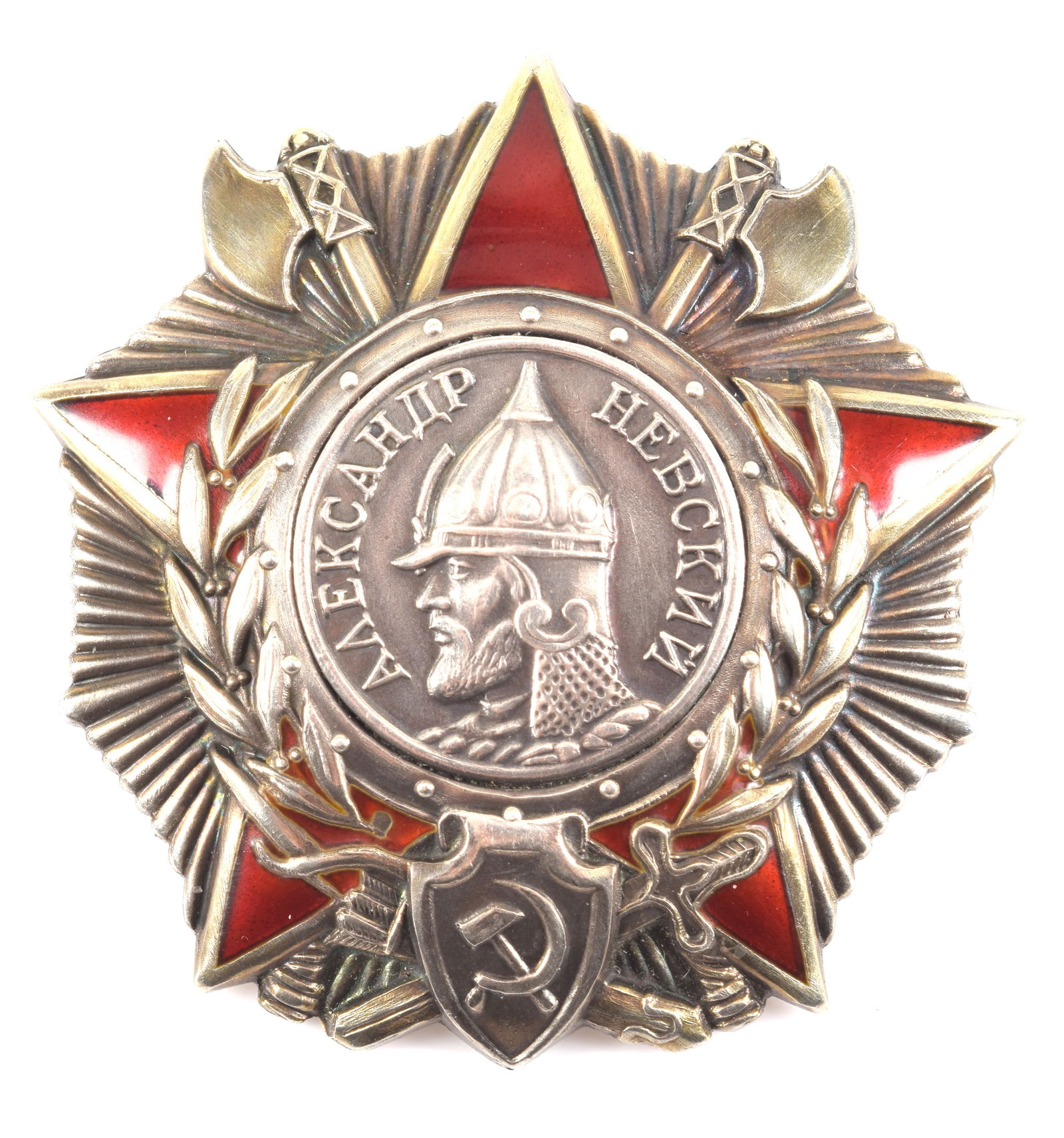 WWII Soviet silver and enamel order of Aleksander Nevsky badge, 1944. Type3, variant 2 serial number (1 of 4)