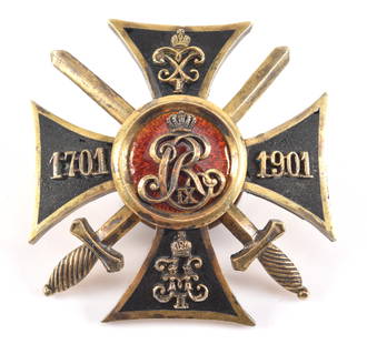 Imperial Russian silver and enamel 18th Seversky Dragoon regiment badge with screw back. Black: Imperial Russian silver and enamel 18th Seversky Dragoon regiment badge with screw back. Black enamel with monograms of Peter I and Nicholas II and at center that of Danish King Christian IX 84 silver