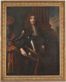 17th century Old Master painting depicting a nobleman dressed in armor with columns and landscape in