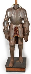 Victorian era full size suit of armor, 19th/20th century. Velvet skirt. Lacking helmet. Arms